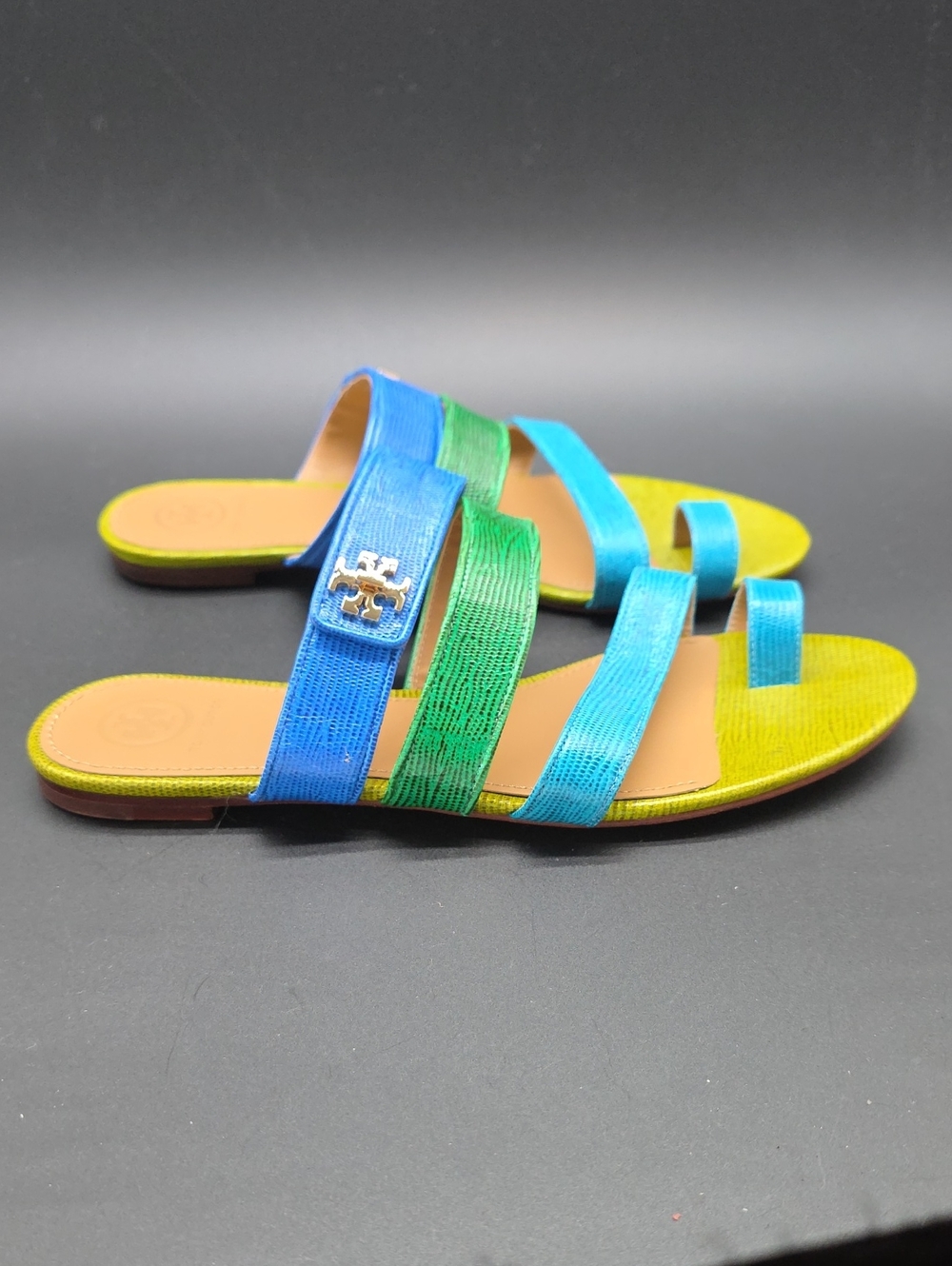 Tory Burch Blue, Green and Lime Strappy Slide Sandals sz 8.5